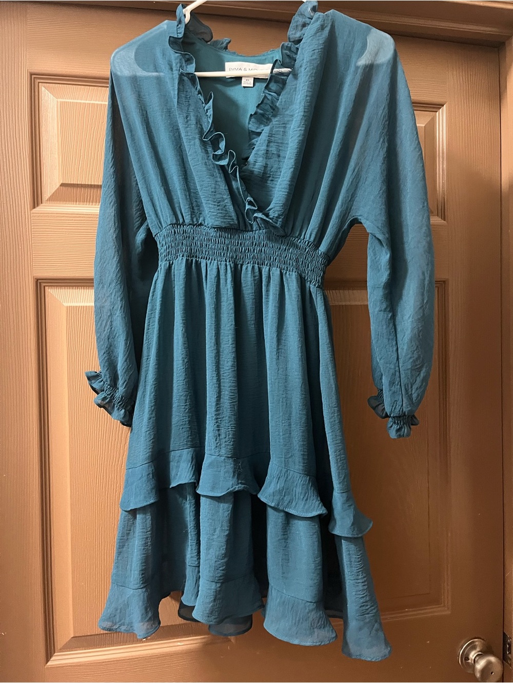 Emma & Michele Teal Ruffled Neck Blouse